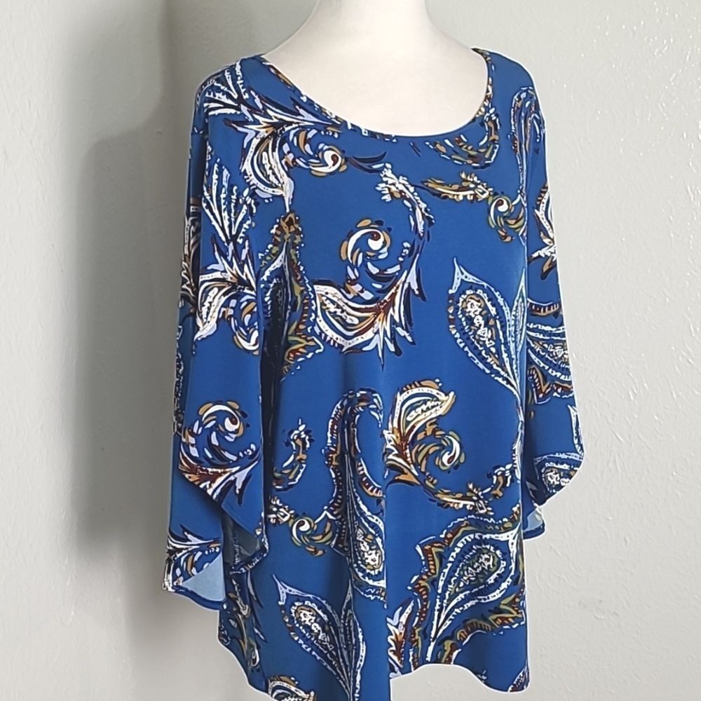 Chico's  Blue, Gold & White Floral Top with Bell Sleeves, Size 2, 2X - Picture 2 of 11
